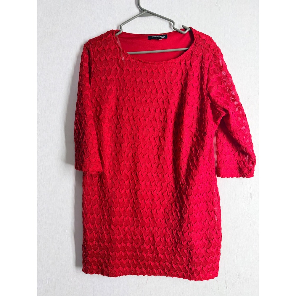 Sharagano Woman Red Textured Geometric Knit 3/4 Sleeve Sheath Dress Size 14W